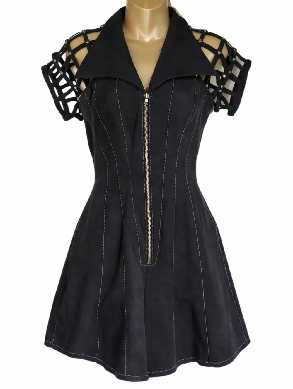 Vintage 80s  Black Structured Denim Corset Romper w/ Studded Lattice Sleeves 4